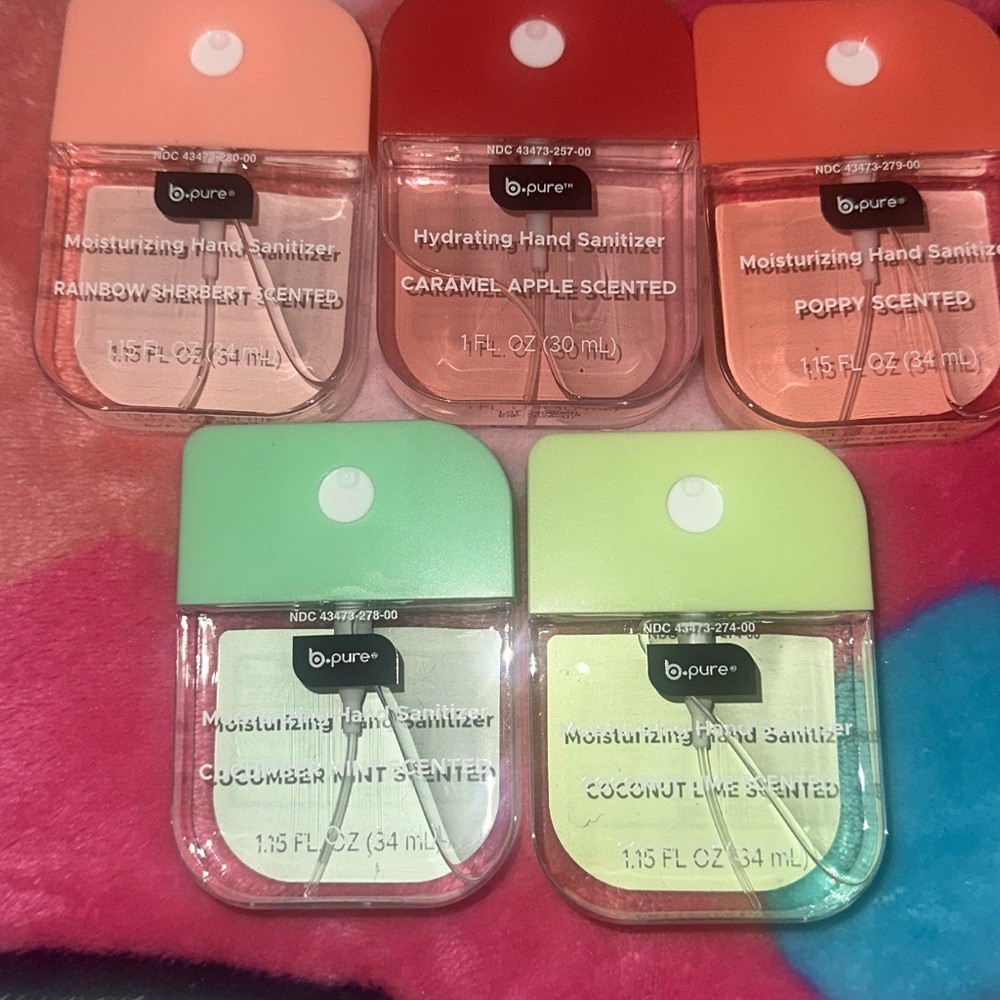 B PURE Hand Sanitizers: rainbow sherbert, caramel apple, poppy, cucumber,coconut